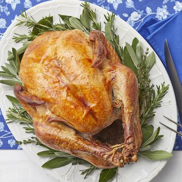 roasted thanksgiving turkey on white platter with blue linens